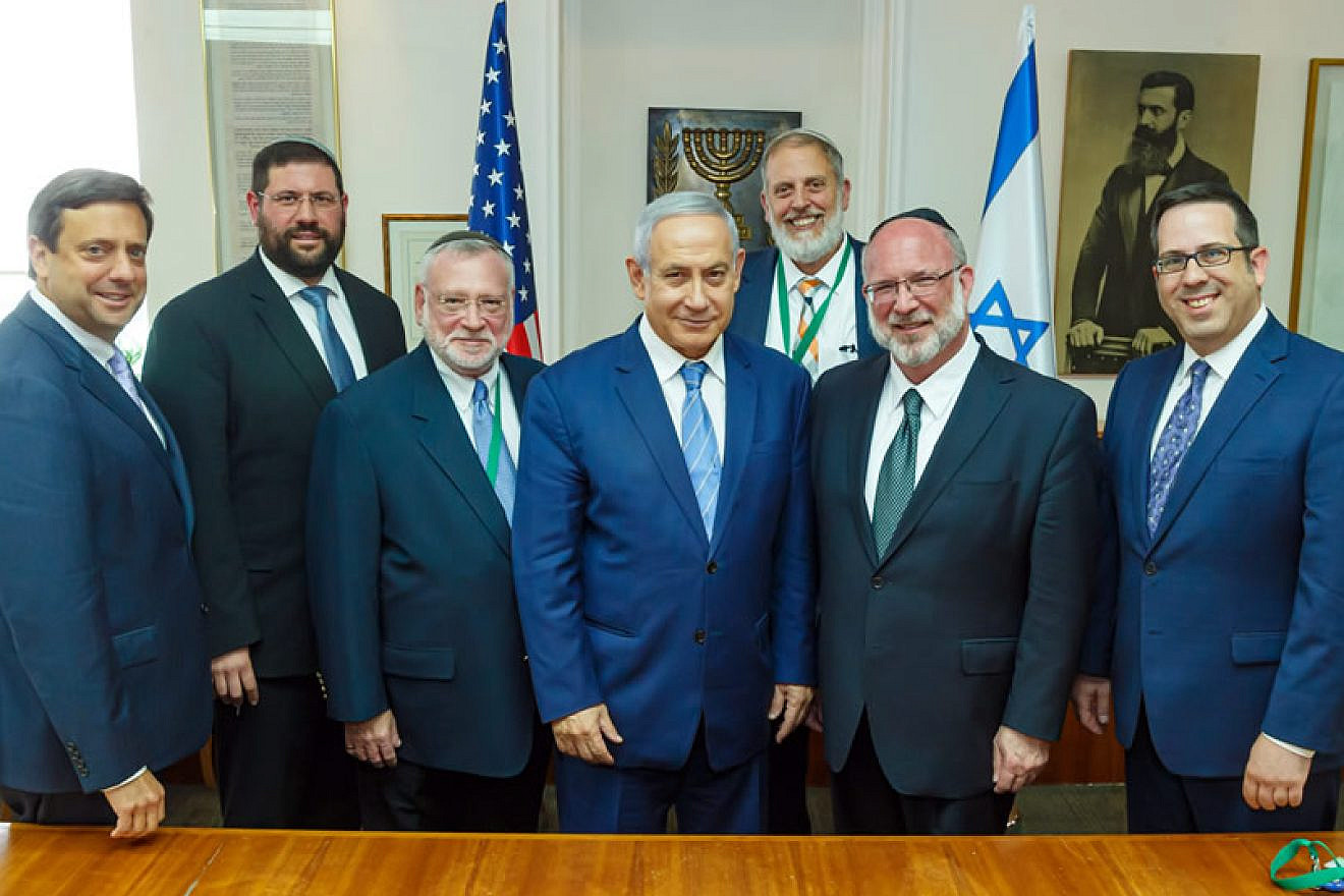 Orthodox Union leaders meet with Israeli Prime Minister Benjamin Netanyahu to talk about boosting Jewish-identity issues and funding for adults and youth in the United States, July 16, 2019. Photo by Eliyahu Yanai.