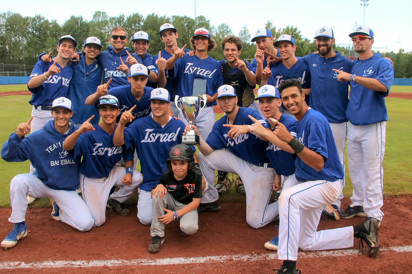 The Israel national U18 team celebrates following their surprise win at the European Championship qualifiers in Stockholm, July 2019. Photo by Margo Sugarman.