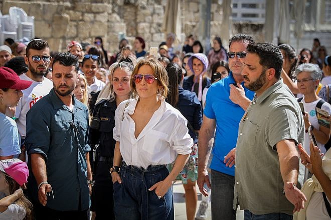 American actress, singer and performer Jennifer Lopez visits at the Western Wall in the Old City of Jerusalem on Aug. 2, 2019. Photo by Noam Revkin Fenton/Flash90.