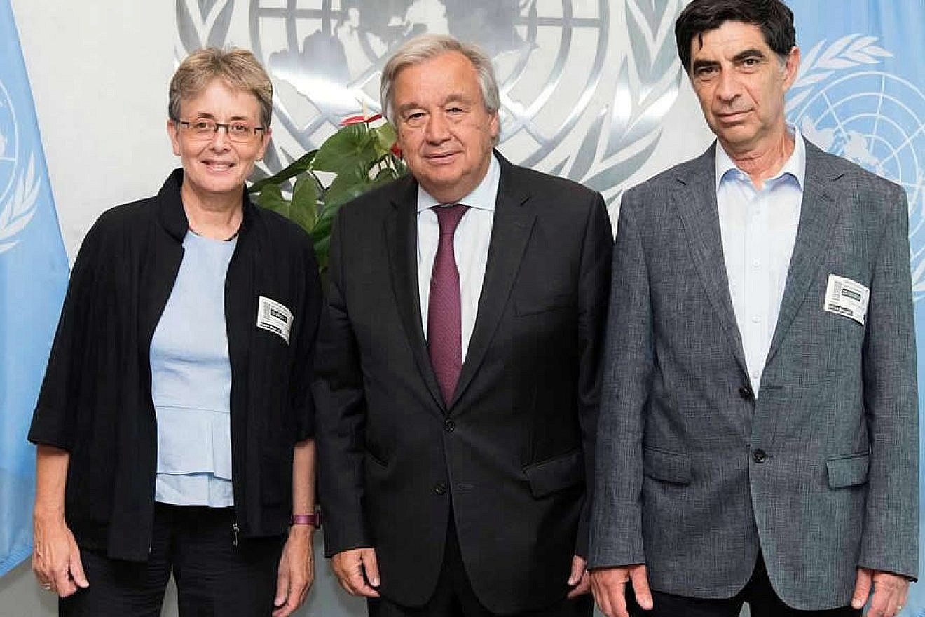 Leah and Simcha Goldin, the parents of Israeli soldier Hadar Goldin, with U.N. Secretary General António Guterres. Photo courtesy of Leah Goldin.