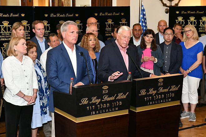 U.S. House Majority Leader Steny Hoyer and  Republican Leader Kevin McCarthy with a delegation of members of the U.S. House of Representatives at the King David Hotel in Jerusalem on Aug. 11, 2019. Photo by Israel Hadari/Courtesy of AIEF.