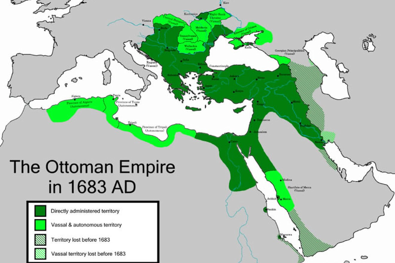 A depiction of the Ottoman Empire and its dependencies in 1683, with indication of territory held prior to that date. Credit: Wikimedia Commons.