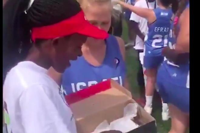 Israel’s Women’s Lacrosse teams gifted its Kenyan opponents new cleats on Aug. 7, 2019. Credit: Screenshot.