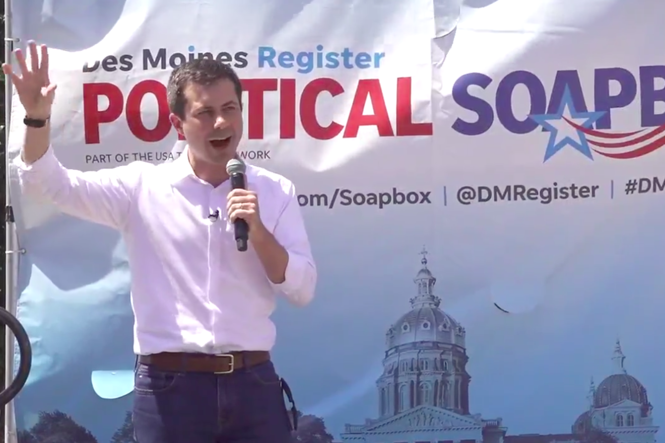 South Bend Mayor Pete Buttigieg, a 2020 Democratic presidential candidate, speaks at “The Des Moines Register Soapbox” at the Iowa State Fair in Des Moines on Aug. 13, 2019. Credit: Screenshot.