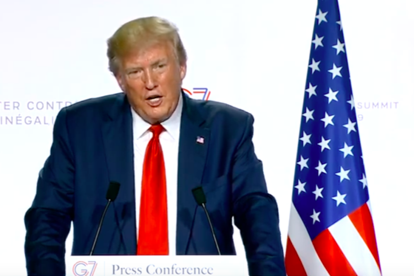 U.S. President Donald Trump takes questions at the Group of Seven (G7) meetings in Biarritz, France, on Aug. 26, 2019. Source: Screenshot.