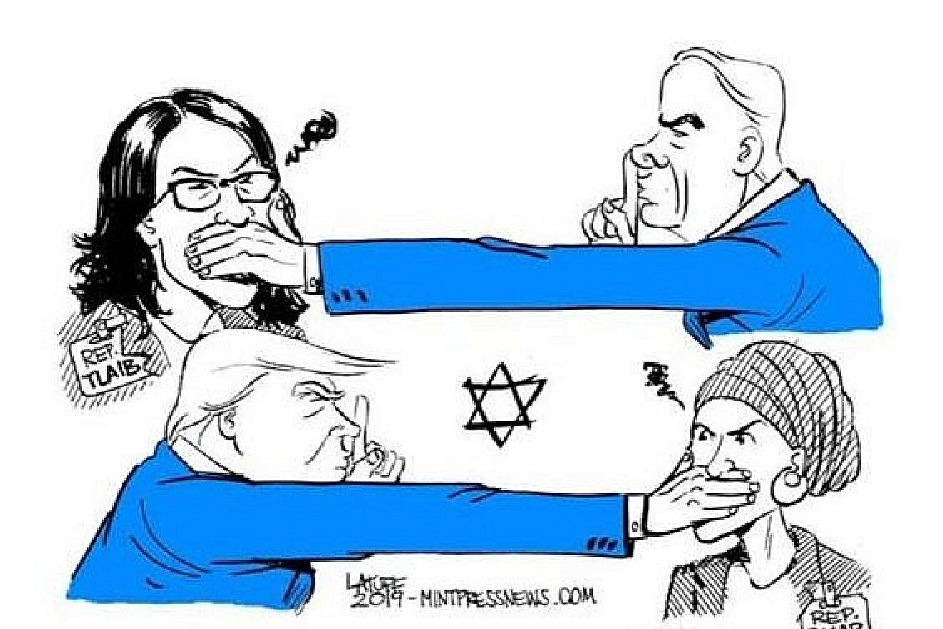 This image, posted on the personal social-media accounts of Reps. Rashida Tlaib and Ilhan Omar over the weekend of Aug. 17, 2019, shows U.S. President Donald Trump and Israeli Prime Minister Benjamin Netanyahu physically silencing them. Source: Screenshot.