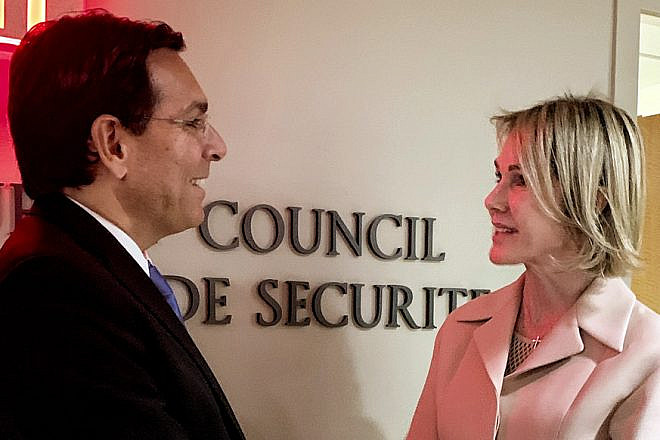 Israeli Ambassador to the U.N. Danny Danon meets with his U.S. counterpart, Kelly Craft, on Sept. 20, 2019. Credit: Israel Mission to the U.N.