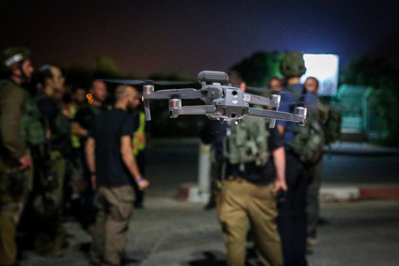 Illustrative: A drone is seen in flight during a joint drill of the Israel Defense Forces and the emergency squad of the town of Efrat in Gush Etzion on Aug. 28, 2019. Photo by Gershon Elinson/Flash90.