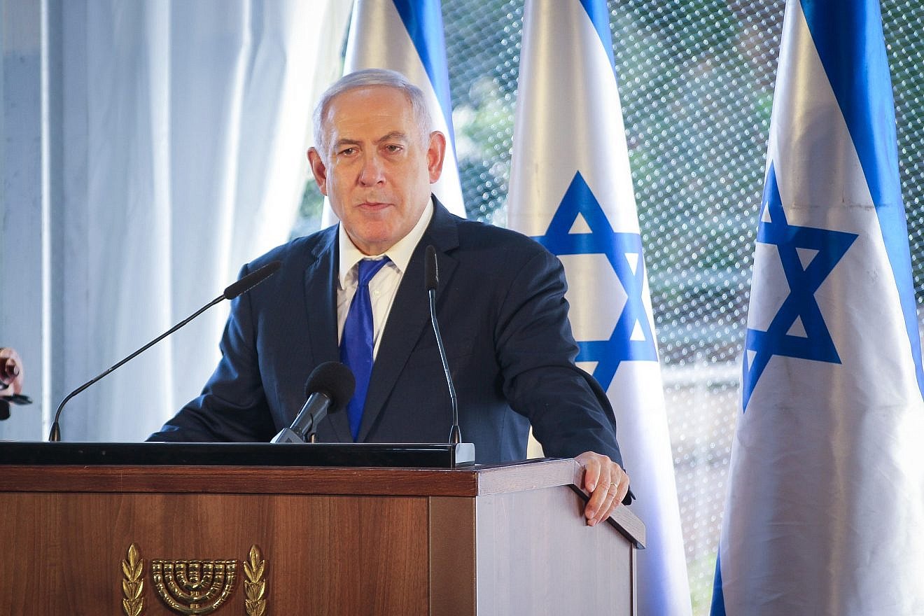 Israeli Prime Minister Benjamin Netanyahu speaks during a ceremony marking the 90th anniversary of the 1929 riots and Jewish massacre in the city of Hebron, outside of the Tomb of the Patriarchs and Matriarchs, Sept. 4, 2019. Photo by Gershon Elinson/Flash90.