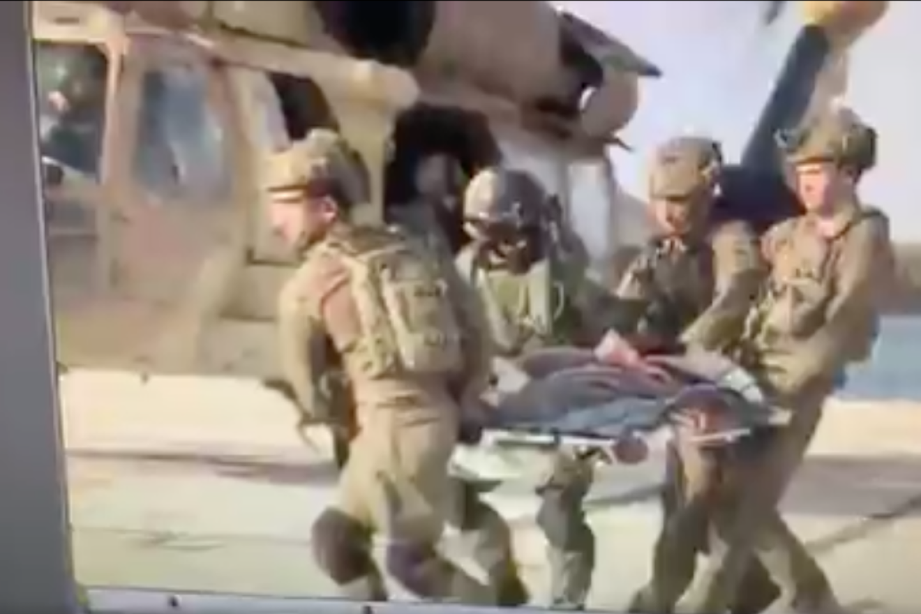 A still image from a video broadcast by Israeli media shortly after a Hezbollah attack in northern Israel on Sept. 1, 2019. The video, which later turned out to have been faked by the Israeli military, shows a "wounded Israeli soldier" being evacuated by helicopter. Source: Screenshot.