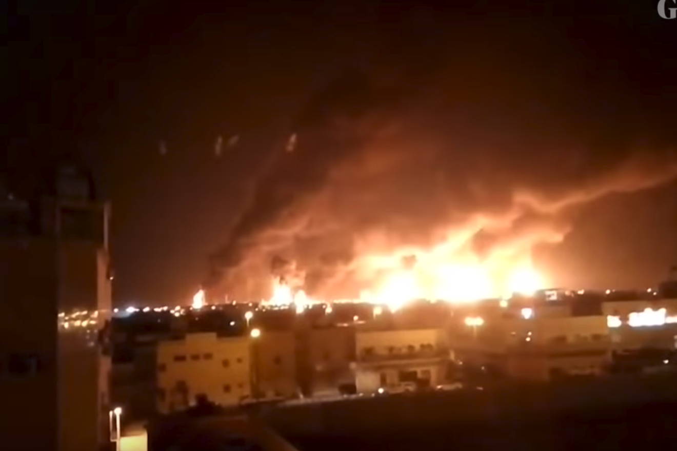 The attack on Saudi Arabia's largest oil field and processing facility on Sept. 14, 2019, halved the kingdom's oil output, roiling global markets. Credit: Screenshot.