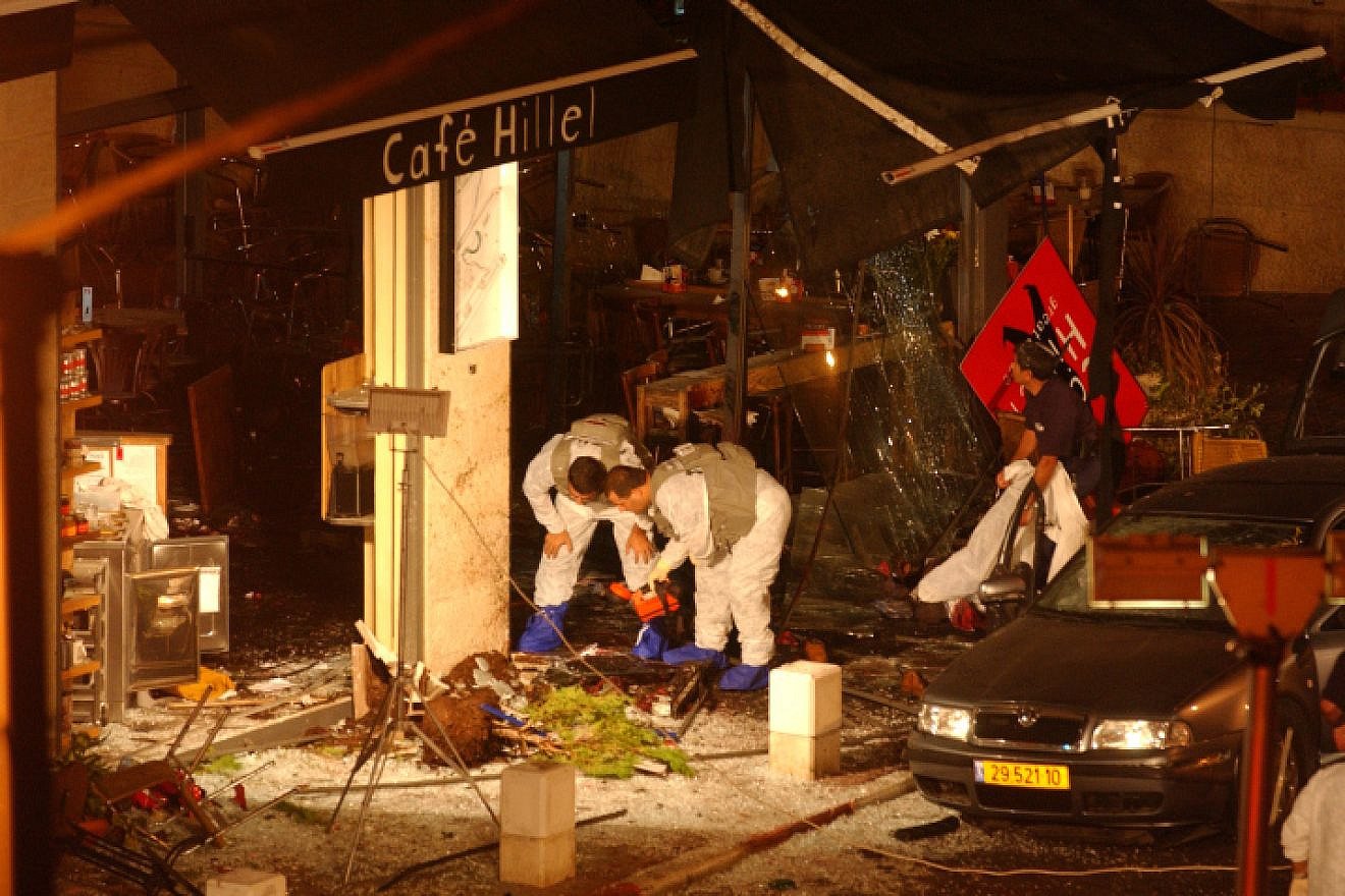 On Sept. 9, 2003, a Palestinian suicide-bomber blew himself up at the entrance of the Cafe Hillel coffee shop in Jerusalem. Seven people were killed and 57 wounded in the attack. The blast came just hours after a suicide-bombing close to a military base near Tel Aviv, which killed nine and wounded 18. Photo by Flash90.