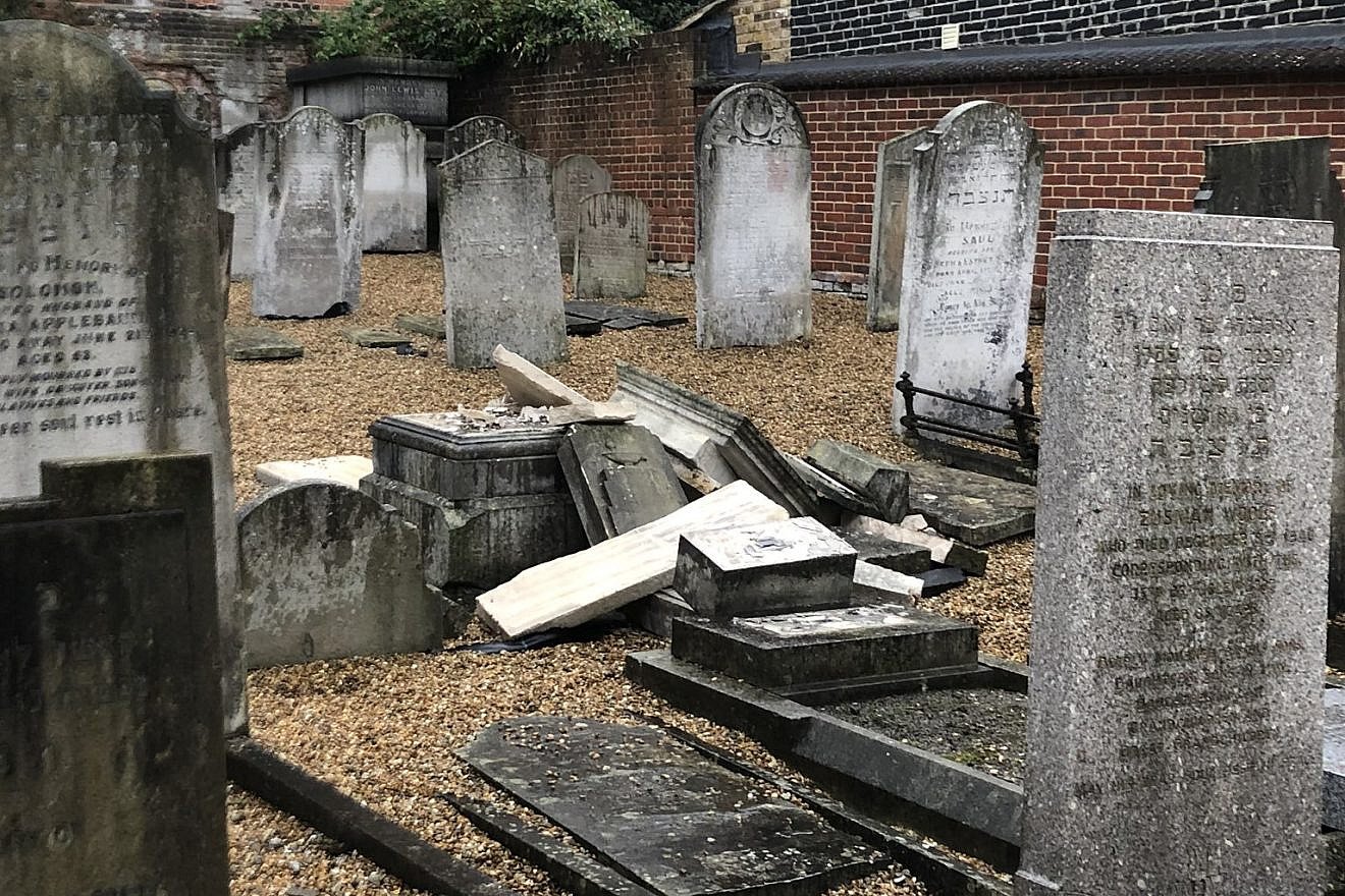 A view of the smashed headstones at the Chatham Memorial Synagogue cemetery near London, October 2019. Source: Twitter via Dalia Halpern.