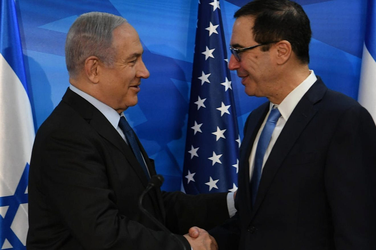 Israeli Prime Minister Benjamin Netanyahu with U.S. Treasury Secretary Steven Mnuchin in Jerusalem on Oct. 28, 2019. Credit: Amos Ben-Gershom/GPO.