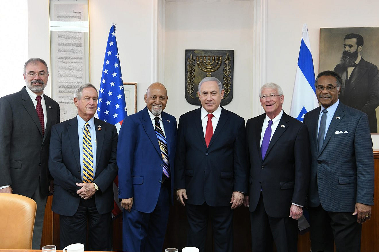 Israeli Prime Minister Benjamin Netanyahu meets with a bipartisan congressional delegation at the Prime Minister’s Office in Jerusalem on Oct. 3, 2019. From left to right: Rep. Andy Harris (R-Md.), Rep. Joe Wilson (R-S.C.), Rep. Alcee Hastings (D-Fla.), Israeli Prime Minister Benjamin Netanyahu, Sen. Roger Wicker (R-Miss.) and Rep. Emanuel Cleaver (D-Mo.). Credit: Amos Ben-Gershom/GPO.