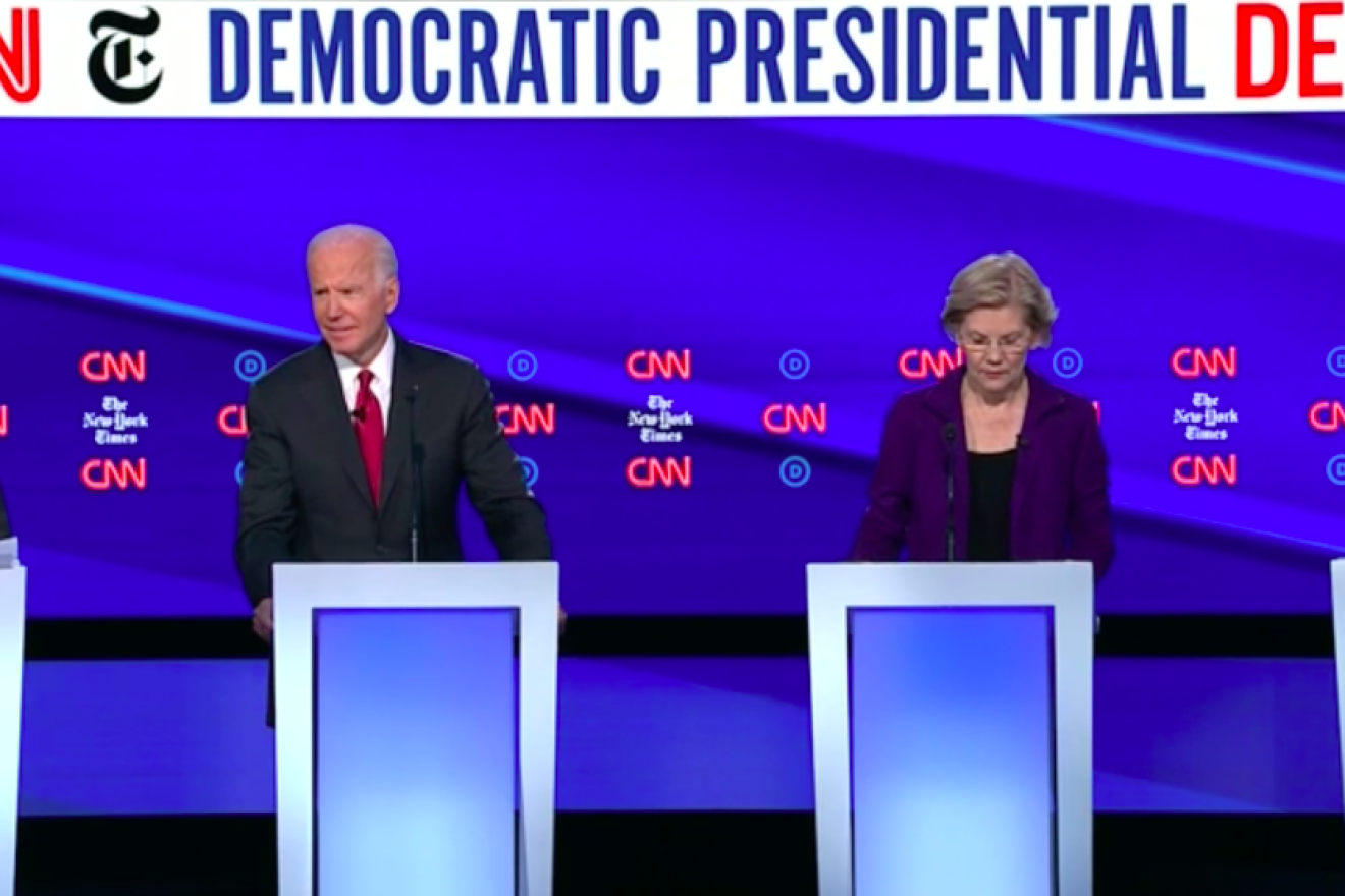 From left: 2020 Democratic presidential candidates Sen. Bernie Sanders of Vermont, former U.S. Vice President Joe Biden, Sen. Elizabeth Warren of Massachusetts and Pete Buttigieg, mayor of South Bend, Ind., at the CNN/New York Times debate in Westerville, Ohio, on Oct. 15, 2019. Source: Screenshot.