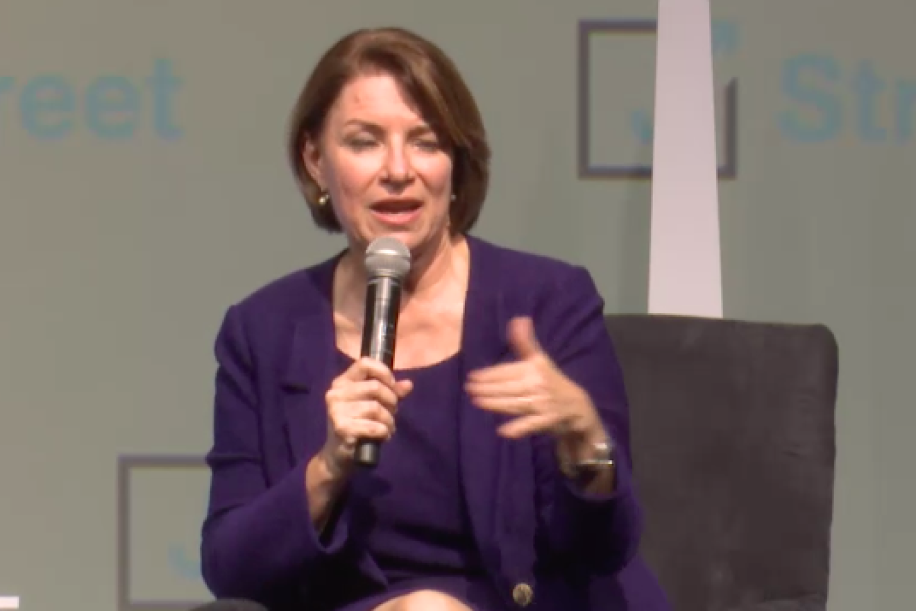 Sen. Amy Klobuchar (D-Minn.), a 2020 Democratic presidential candidate, at the annual J Street Conference in Washington D.C., on Oct. 27, 2019. Source: Screenshot.