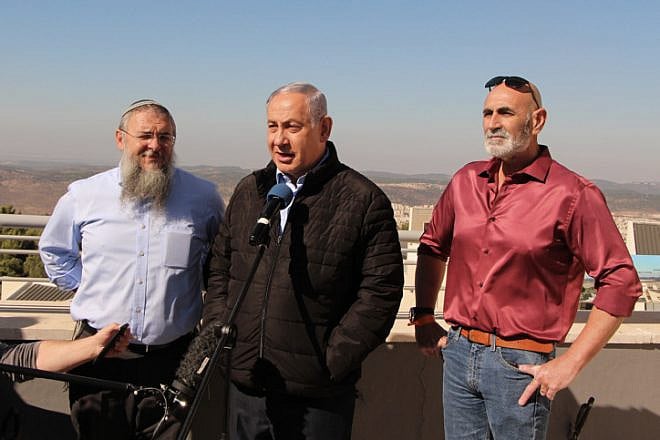 Israeli Prime Minister Benjamin Netanyahu, Gush Etzion Regional Council chairman Shlomo Ne'eman and Jordan Valley Regional Council chairman David Elchiani visit Alon Shvut in Gush Etzion on Nov. 19, 2019. Photo by Gershon Elinson/Flash90.