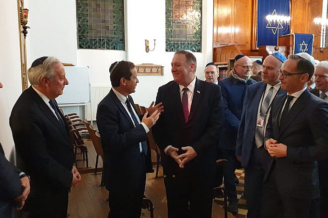 U.S. Secretary of State Mike Pompeo speaking with Jewish Agency chairman Isaac Herzog (left) and German Foreign Minister Heiko Maas at the synagogue in Halle, Germany, that was attacked on Yom Kippur, Nov. 7, 2019. Credit: The Jewish Agency for Israel.