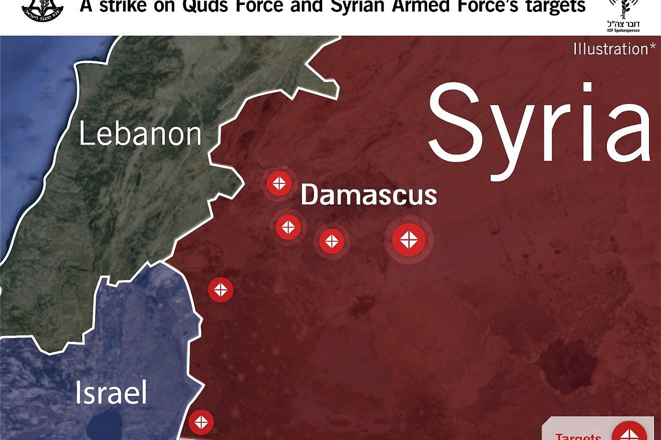 An Israel Defense Forces map of where it carried out airstrikes against Iranian and Syrian targets on Nov. 20, 2019. Source: IDF Spokesperson's Unit.