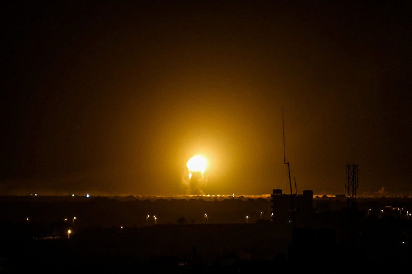 A ball of fire is seen following an Israeli air strike in Khan Yunis, in the southern Gaza Strip on Nov. 27, 2019. Photo by Abed Rahim Khatib/Flash90.