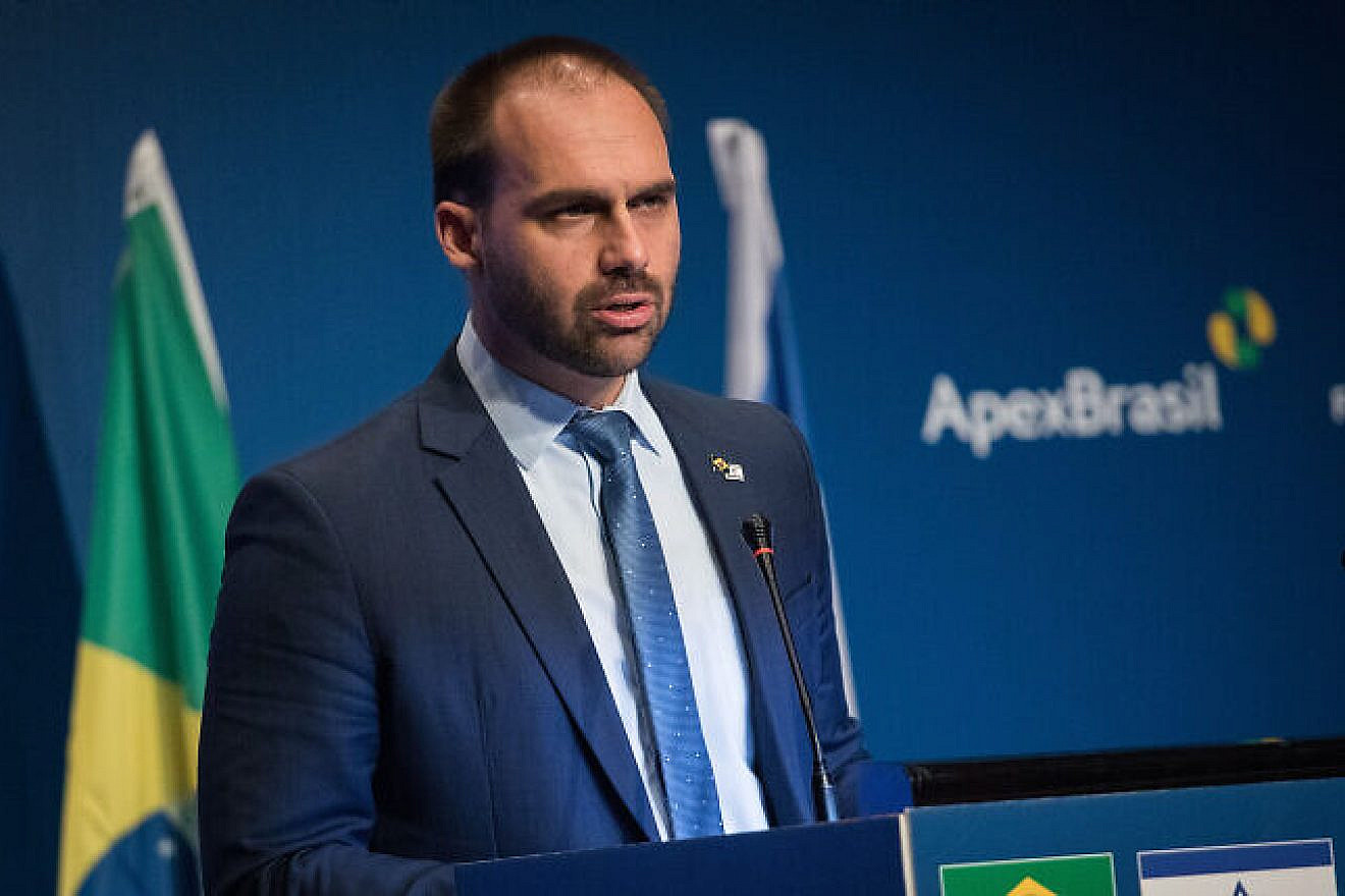 Eduardo Bolsonaro, Brazilian federal deputy and son of Brazilian President Jair Bolsonaro, speaks an event opening the Brazilian Trade and Investment Promotion Agency in Jerusalem, Dec. 15, 2019.  Photo by Hadas Parush/Flash90.
