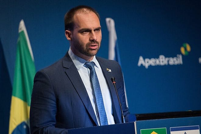 Eduardo Bolsonaro, Brazilian federal deputy and son of Brazilian President Jair Bolsonaro, speaks an event opening the Brazilian Trade and Investment Promotion Agency in Jerusalem, Dec. 15, 2019.  Photo by Hadas Parush/Flash90.