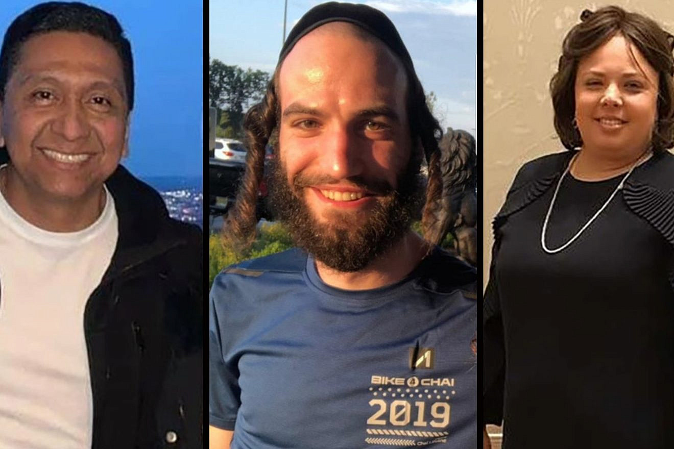 The civilian victims of the shooting at the JC Kosher Supermarket in Jersey City, N.J., from left: Miguel Douglas, 49, an employee at the store; Moshe Hersch Deutsch, 24, of the Williamsburg neighborhood in Brooklyn, N.Y.; and Leah Mindel Ferencz of Jersey City, Dec. 10, 2019. Source: Screenshot.