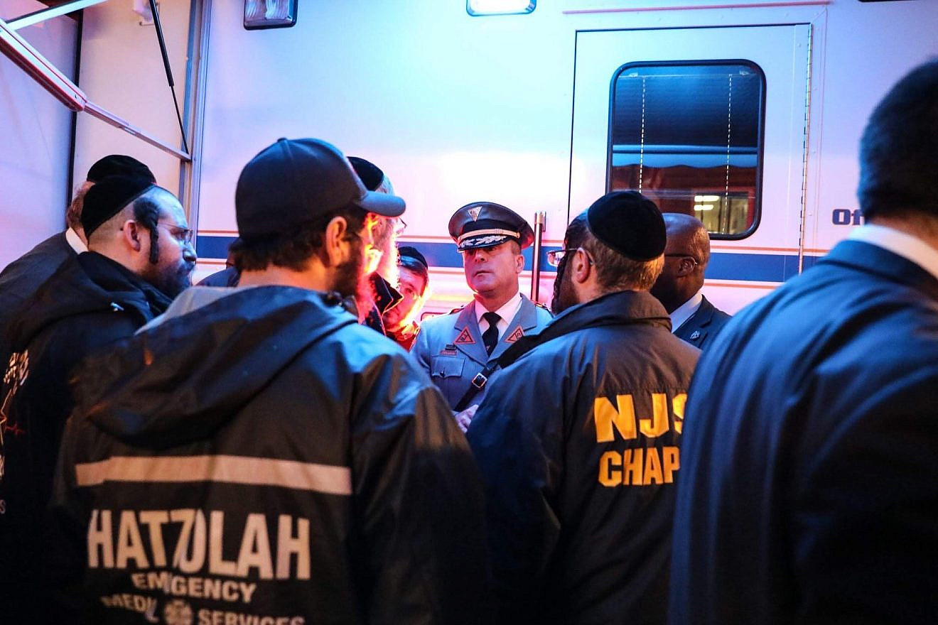 A police briefing with Jewish first responders after a shooting at the JC Kosher Supermarket in Jersey City, N.J., on Dec. 10, 2019. Source: Courtesy of New Jersey Gov Phil Murphy/Twitter.