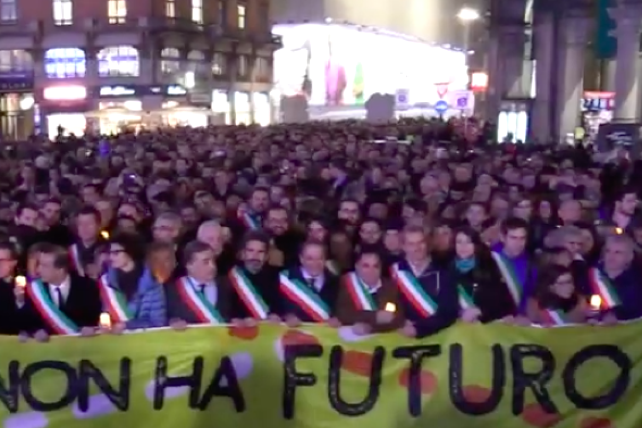 Thousands of people, including hundreds of mayors, escorted Holocaust survivor Liliana Segre, 89, through the center of Milan on Dec. 11, 2019, after she had received hundreds of anti-Semitic threats. Source: Screenshot.
