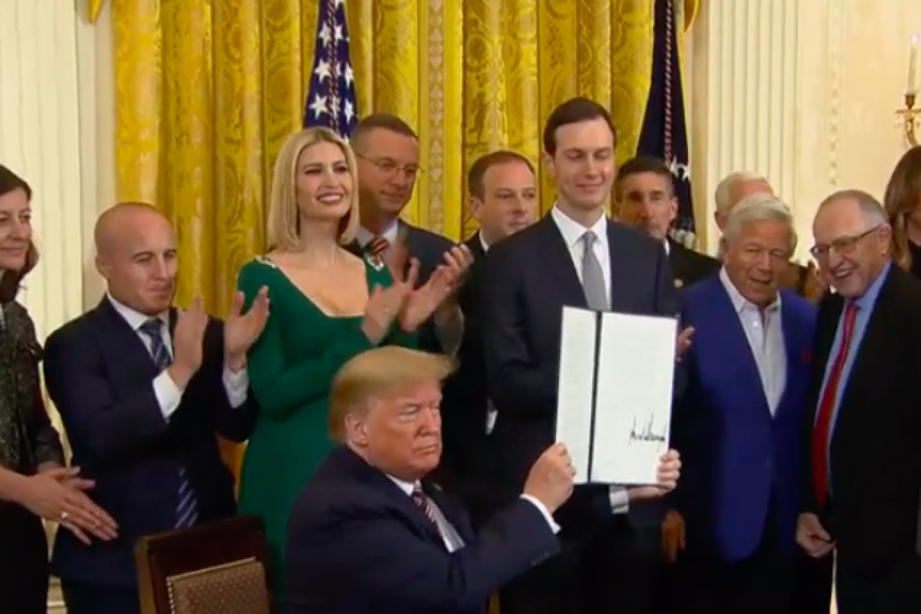 U.S. President Donald Trump signs an executive order on Dec. 11, 2019, requiring the U.S. government to adopt the International Holocaust Remembrance Alliance definition of anti-Semitism in responding to “prohibited forms of discrimination rooted in anti-Semitism as vigorously as against all other forms of discrimination prohibited by Title VI” of the 1964 Civil Rights Act. Source: Screenshot.