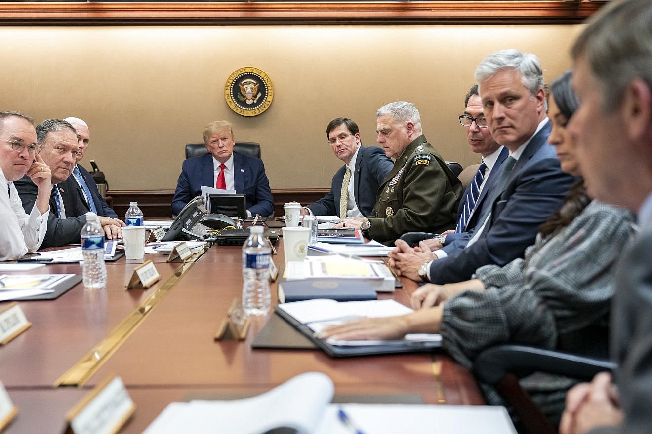 U.S. President Donald Trump, then-Vice President Mike Pence, senior White House advisers and senior military personnel meet in the Situation Room of the White House regarding Iran missile attacks on U.S. military facilities in Iraq, Jan. 7, 2020. Photo by Shealah Craighead/White House.