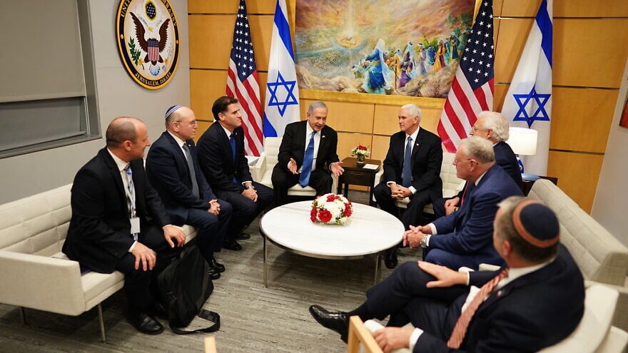 U.S. Vice President Mike Pence meets with Israel Prime Minister Benjamin Netanyahu and other officials at the U.S. embassy in Jerusalem, Israel. Official White House on Jan. 23, 2020. Photo by Myles Cullen.