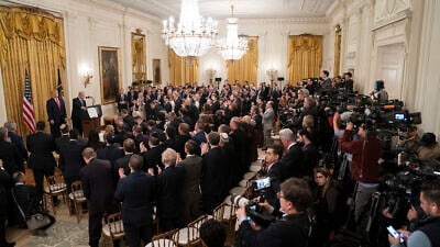 U.S. President Donald Trump listens as Israeli Prime Minister Benjamin Netanyahu addresses his remarks in the East Room of the White House during the unveiling of the Trump administration’s Middle East peace plan, Jan. 28, 2020. Credit: Official White House Photo by Shealah Craighead.