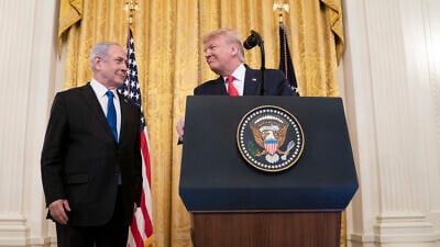 U.S. President Donald Trump delivers remarks with Israeli Prime Minister Benjamin Netanyahu in the East Room of the White House to unveil details of the Trump administration’s Middle East peace plan on Jan. 28, 2020. CreditL White House Photo by Shealah Craighead.