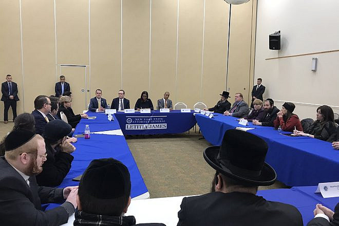 New York State Attorney General Letitia James with Jewish leaders, including Evan Bernstein, New York regional director of the Anti-Defamation League, to discuss hate and how to protect the community. Source: Evan Bernstein via Twitter.