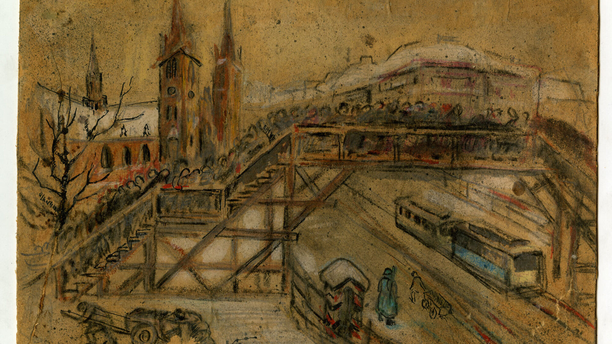 “Lodz Ghetto Bridge, circa 1940–1943” by Vincent Brauner. Credit: Gift of Elizabeth, Gail, and Sandy Peters in the Museum of Jewish Heritage–A Living Memorial collection.