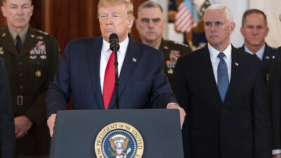 U.S. President Donald Trump, joined by Vice President Mike Pence, senior White House advisers and senior military personnel, delivers remarks during a national televised address Jan. 8, 2020, responding to the retaliatory missile strikes against U.S. military and coalition forces in Iraq by the Islamic Republic of Iran. Photo by Shealah Craighead/White House.