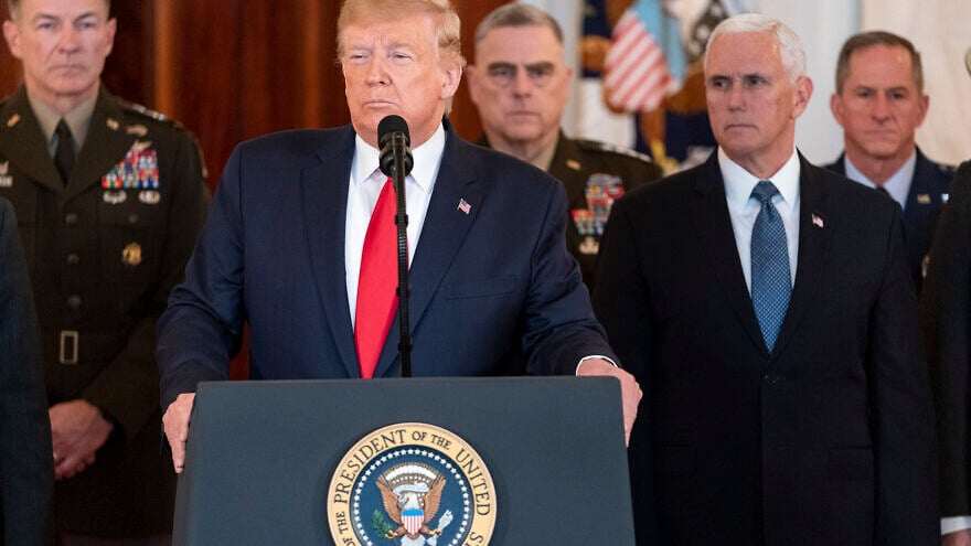 U.S. President Donald Trump, joined by Vice President Mike Pence, senior White House advisers and senior military personnel, delivers remarks during a national televised address Jan. 8, 2020, responding to the retaliatory missile strikes against U.S. military and coalition forces in Iraq by the Islamic Republic of Iran. Photo by Shealah Craighead/White House.