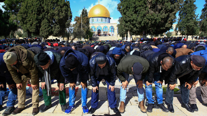 Muslims perform Friday prayers at the Al-Aqsa mosque compound in Jerusalem's Old City on Jan. 31, 2020. Photo by Sliman Khader/Flash90.