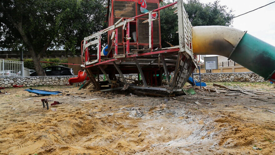 The site where a rocket fired from the Gaza Strip hit a a playground in the southern Israeli city of Sderot on Feb. 24, 2020. Photo by Flash90.