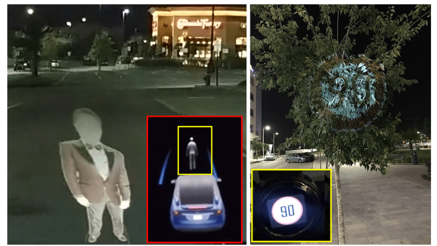 In the Ben-Gurion University of the Negev Research Telsa considers the phantom image (left) as a real person and (right) Mobileye 630 PRO autonomous vehicle system considers the image projected on a tree as a real road sign. Credit: Cyber@bgu.
