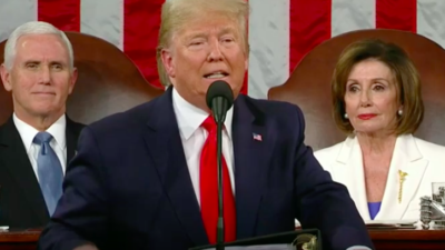 U.S. President Donald Trump, flanked by Vice President Mike Pence and Speaker of the House Nancy Pelosi, delivers the annual State of the Union address in the U.S. House of Representatives on Feb. 4, 2020. Source: Screenshot.