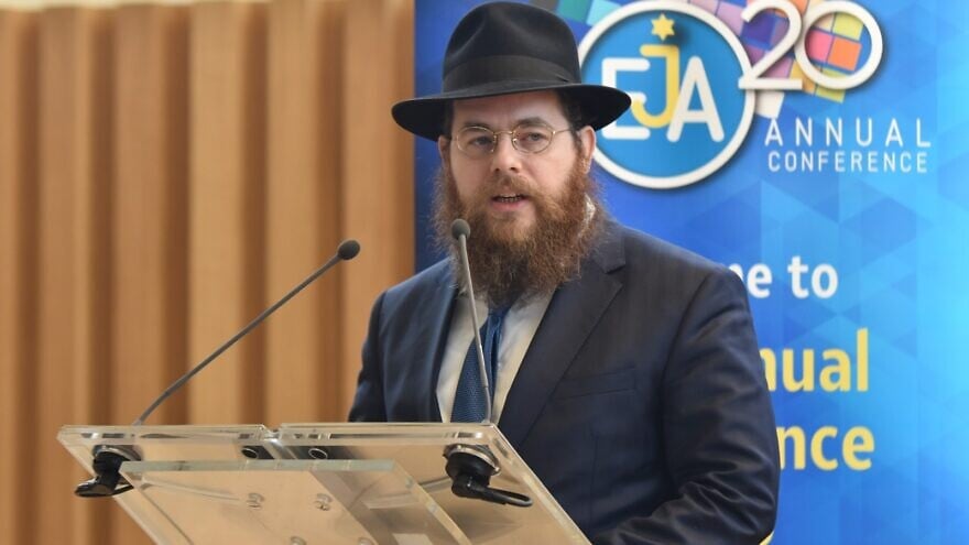 Action and Protection League of Europe (APL) chairman Rabbi Shlomo Köves speaks at the European Jewish Association’s (EJA) annual policy conference in Paris on Feb. 24, 2020. Credit: Yoni Rykner.
