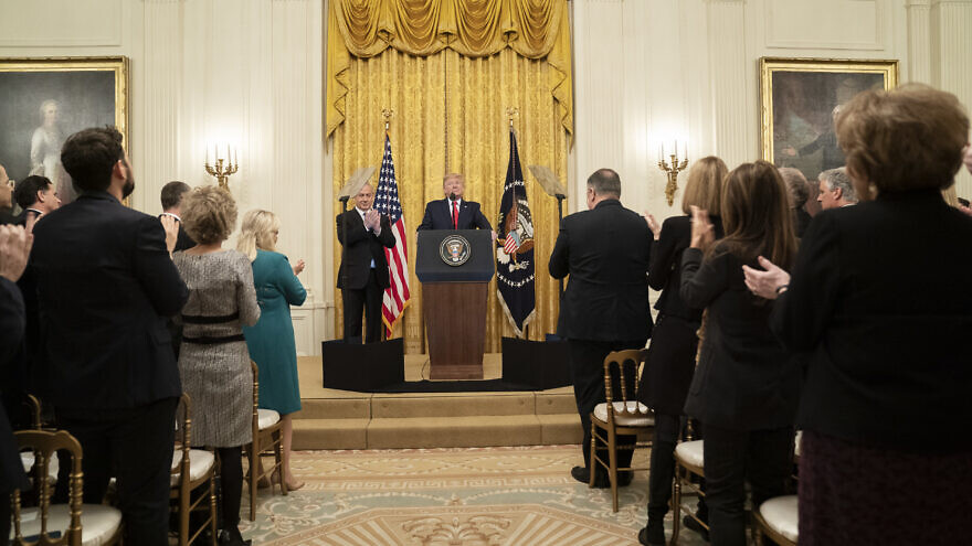 U.S. President Donald Trump delivers remarks with Israeli Prime Minister Benjamin Netanyahu on the details of the Trump administration’s Mideast peace plan on Jan. 28, 2020, in the East Room of the White House. Credit: Official White House Photo by Shealah Craighead.