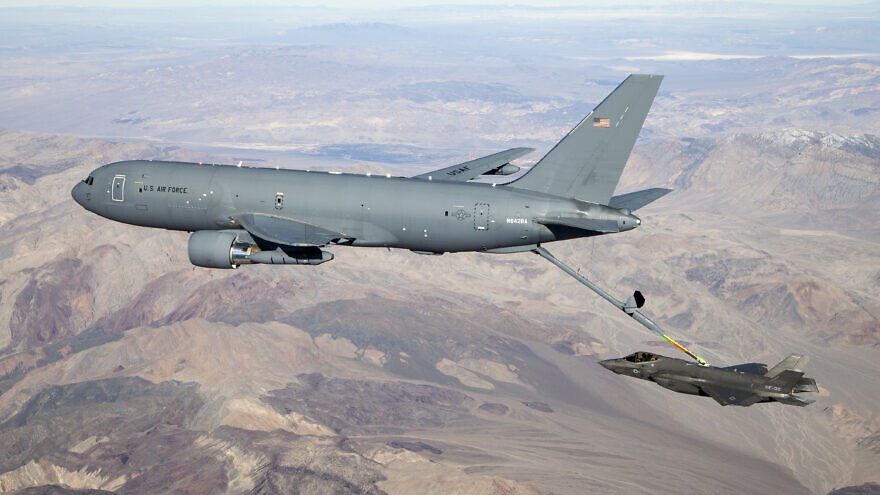 A KC-46A Pegasus connects with an F-35 Lightning II in the skies over California on Jan. 22, 2019. Credit: Kenji Thuloweit/U.S. Air Force.