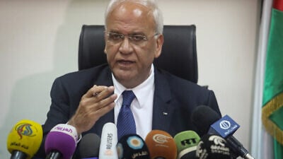 PLO Secretary-General Saeb Erekat speaks during a press conference in Jericho on Feb. 15, 2017. Photo by Flash90.