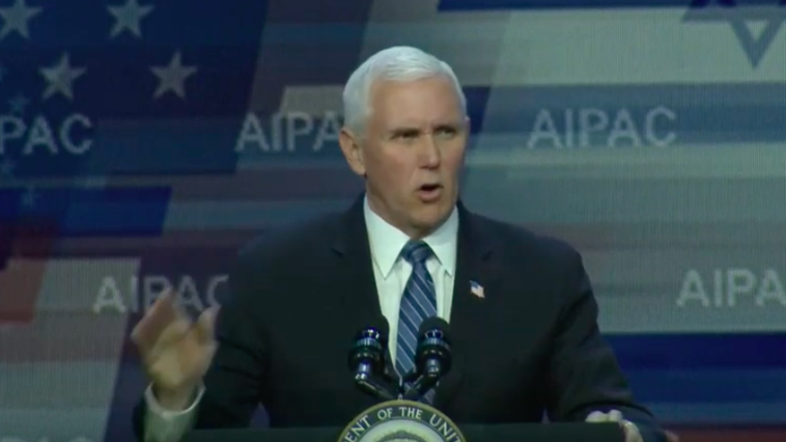 U.S. Vice President Mike Pence addresses the annual AIPAC Policy Conference on March 2, 2020, in Washington, D.C. Source: Screenshot.