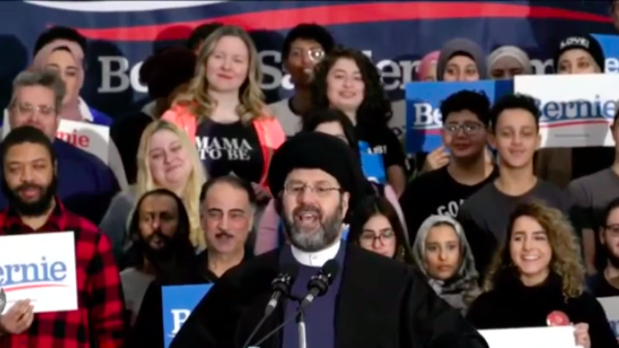 Imam Sayed Hassan Qazwini, head of the Islamic Institute of America in Dearborn Heights, Mich., at a rally for Democratic presidential candidate Sen. Bernie Sanders (I-Vt.) ahead of the Michigan primaries, March 7, 2020. Source: Screenshot.