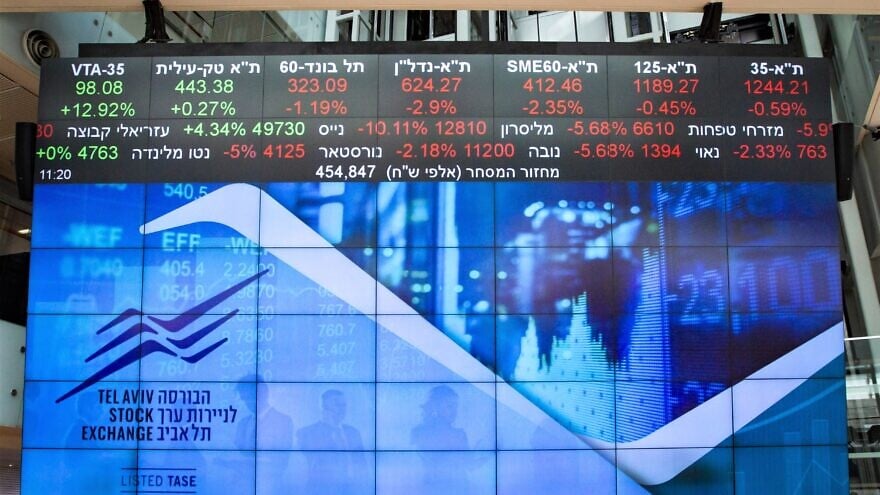A ticker screen in the lobby of the Tel Aviv Stock Exchange, March 15, 2020. Photo by Flash90.